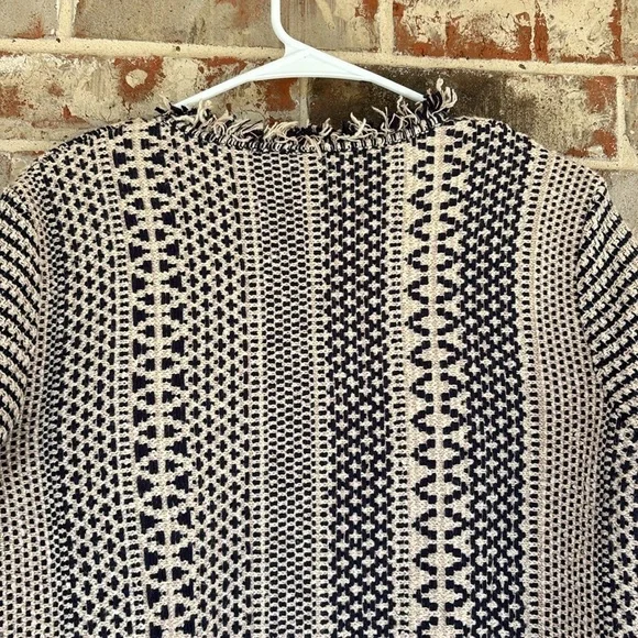 Chico's Lucy Navy and Cream Patterned Fringe Open Cardigan - Picture 11 of 11